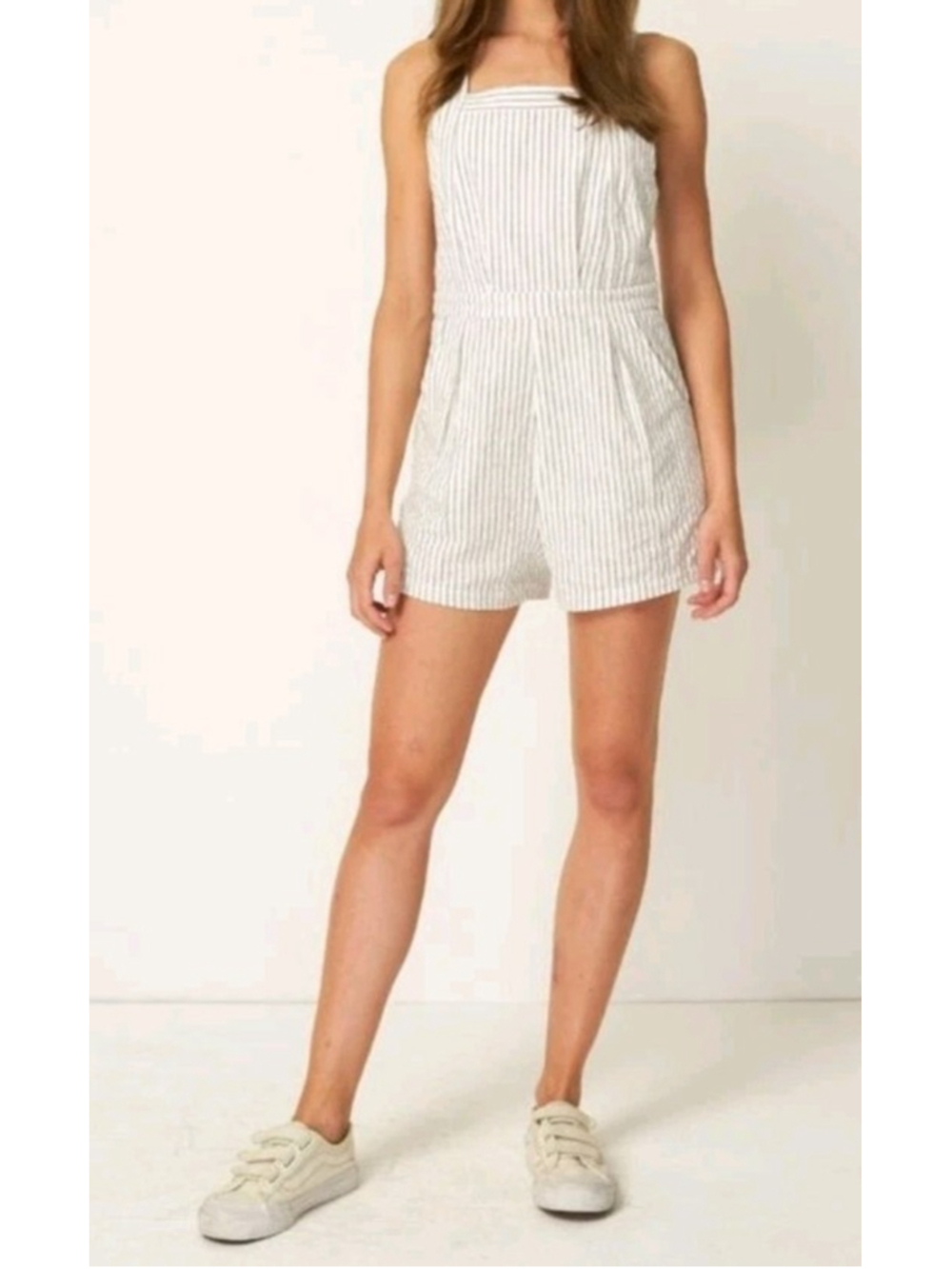 Rue Stiic Linen Cotton Striped Romper White Black Sz M Open Back Pockets Resort